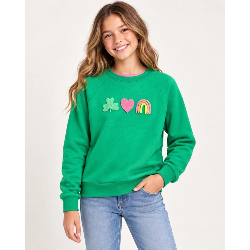 Cat & Jack Girls Green St Patricks Day Shamrock Heart Rainbow Sweatshirt XL 14